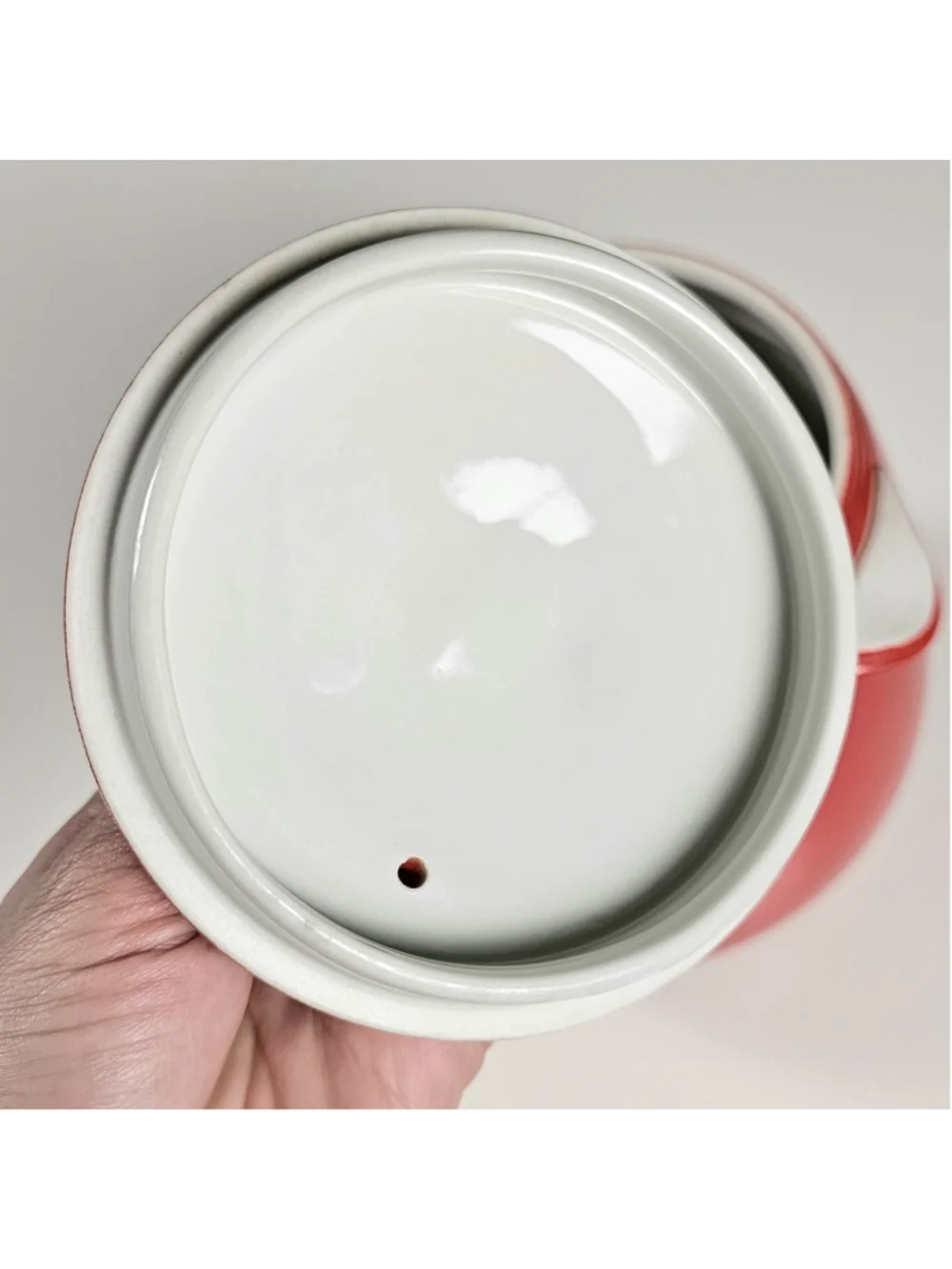 Vintage Hall China PERT Bean Pot Cookie Jar Chinese Red White Knob Lid MINT